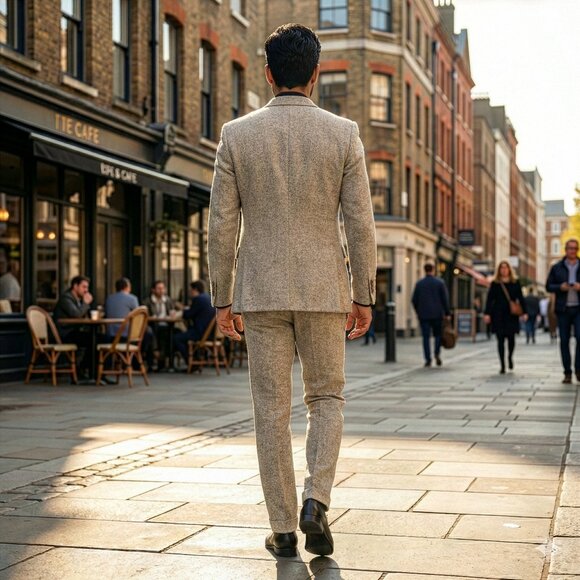 Hybrid Fit Classic Tweed Beige Mens Suit by Sean Alexander - Picture 3 of 9